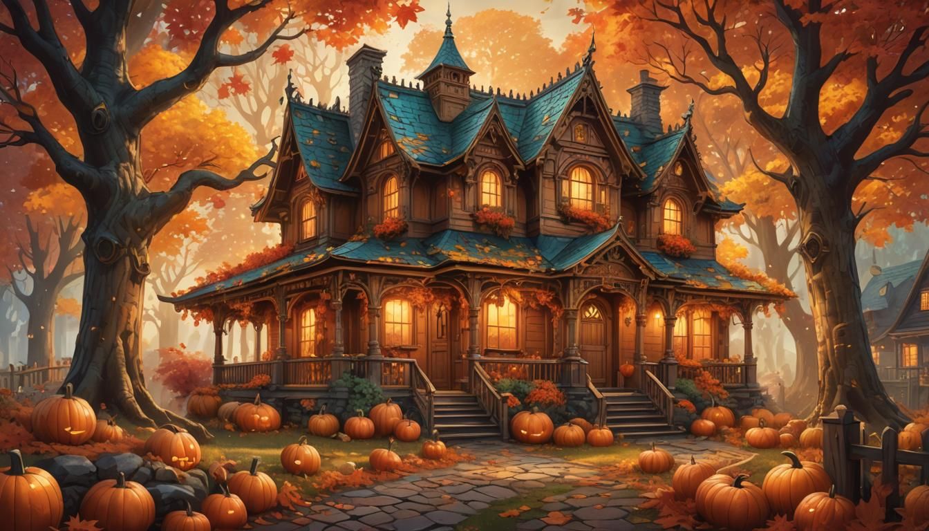 Magical Autumn House Among Maple Trees