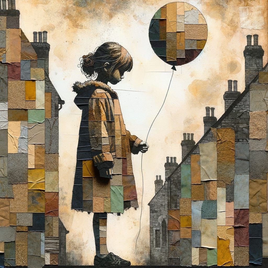 Girl with Balloon in Distressed Collage Style