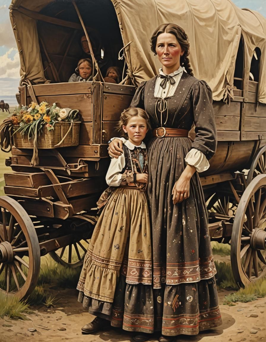 Pioneer Woman with Covered Wagon: Oil Painting