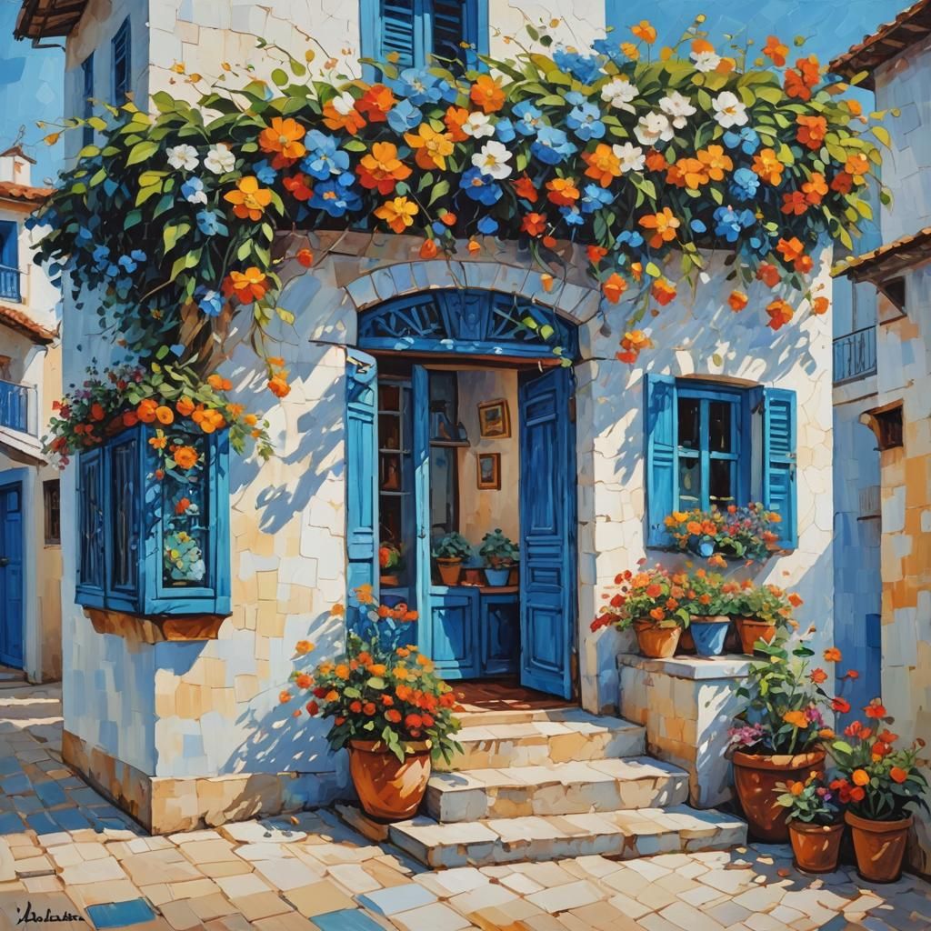 Blue House with Girl on Swing: Neo-Impressionist Oil Paintin...