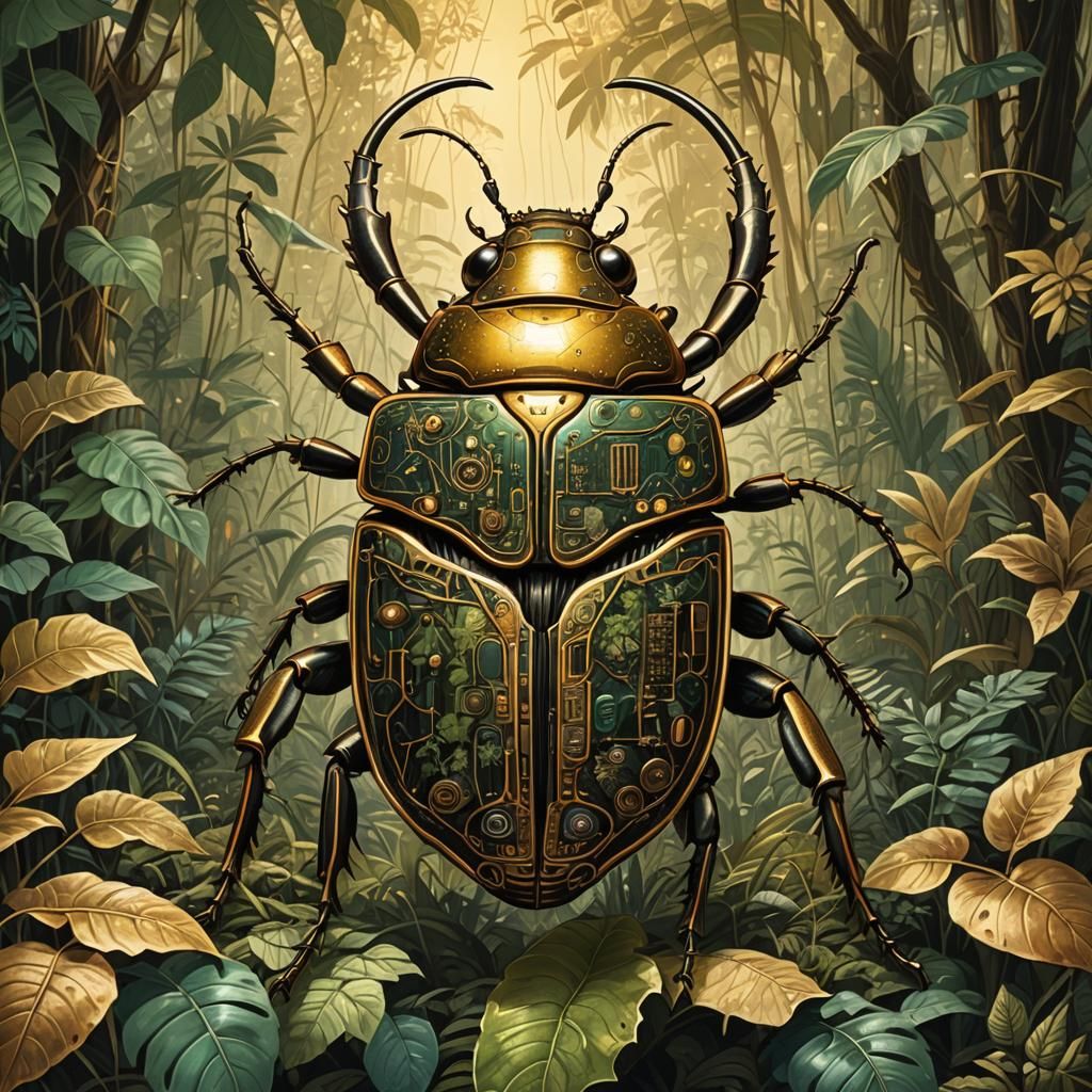 Giant Beetle with Circuit Board in Jungle Illustration