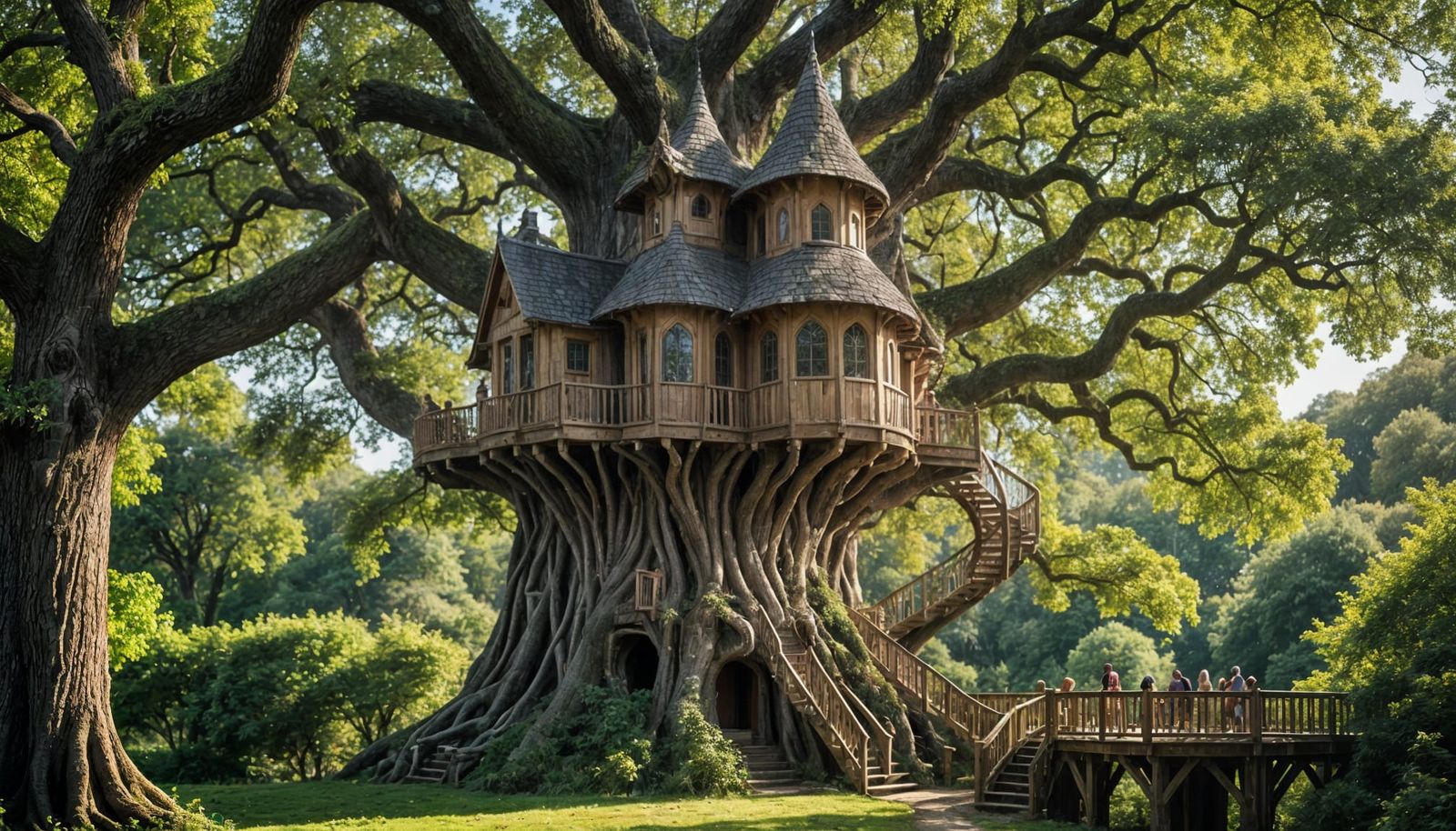 Ethereal Oak Castle Treehouse in Whimsical Forest