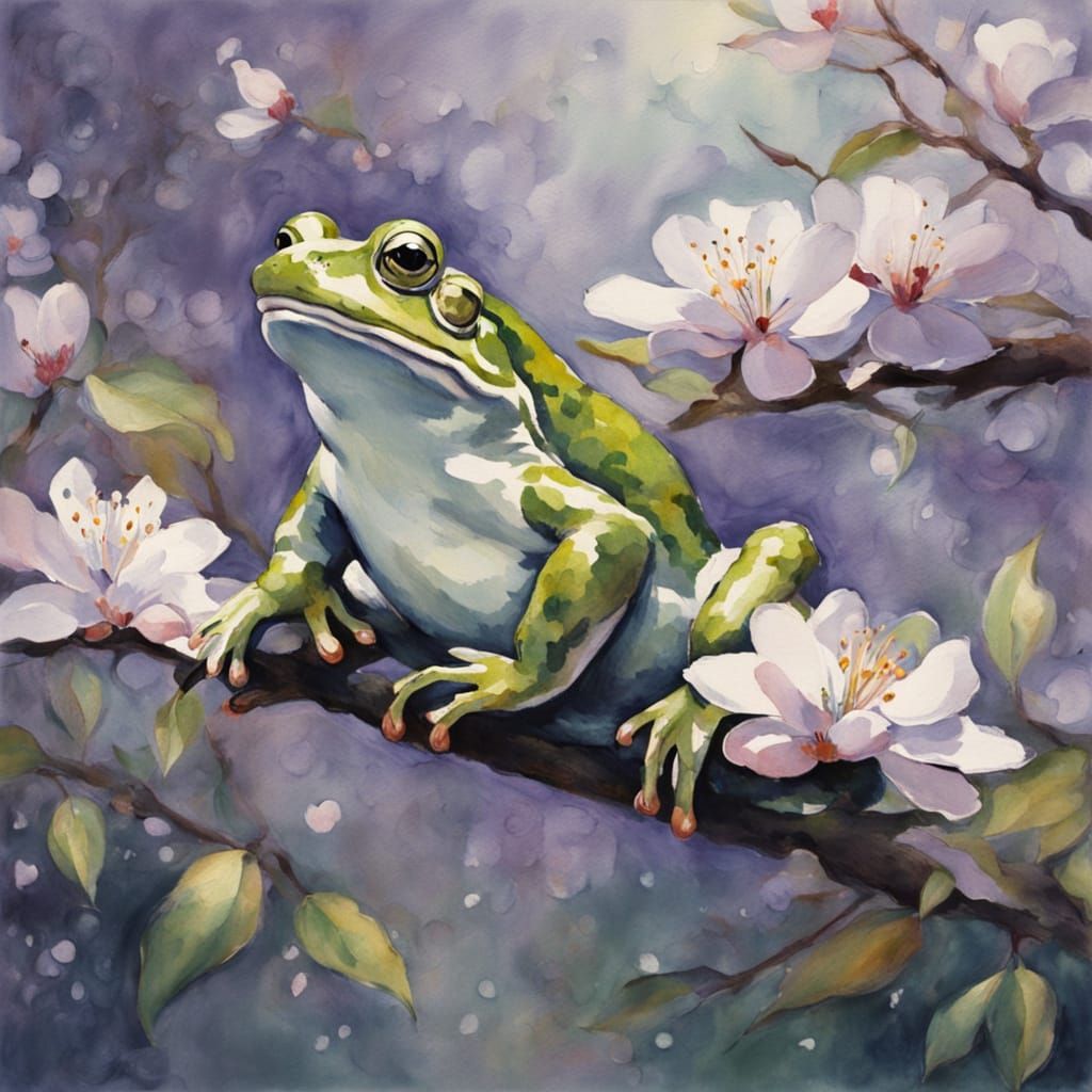 Whimsical Frog Amidst Plum Blossoms in Gentle Watercolor Sty...