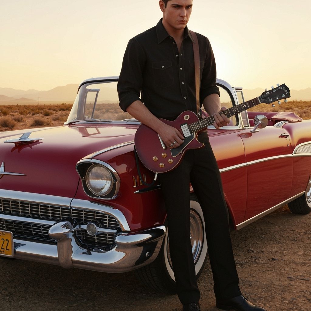 Rockabilly Greaser with Chevy in Desert Sunset