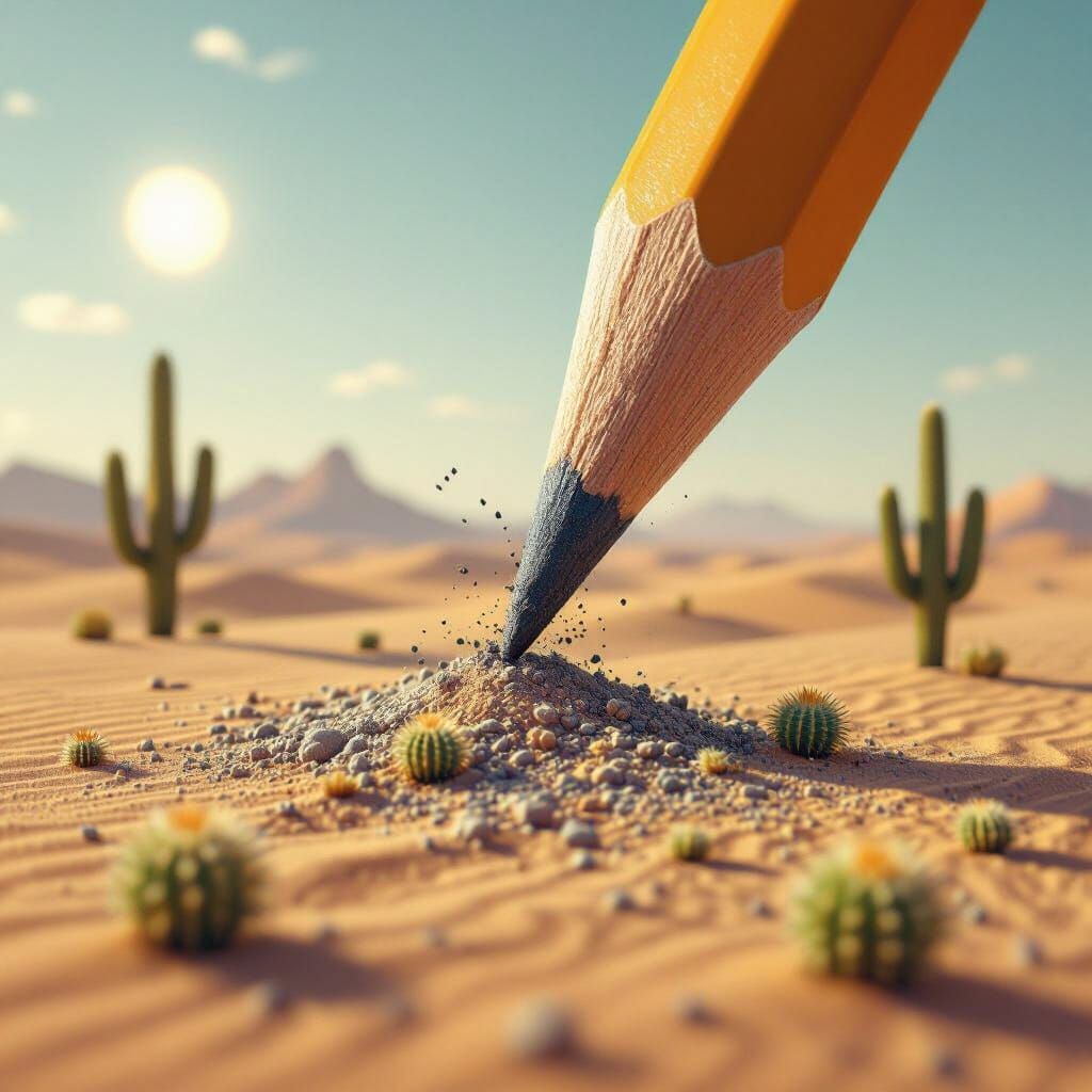 Pencil Tip Dissolves Into Miniature Desert Landscape