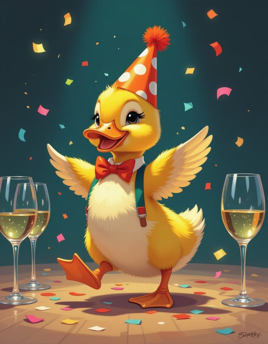 Drunk Duckling Dance Party in Whimsical Style