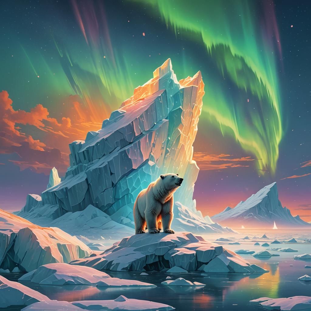 Polar Bear on Iceberg Under Aurora Sky