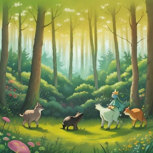 Enchanting Forest Scene with Cartoon Wolf in Watercolor Styl...