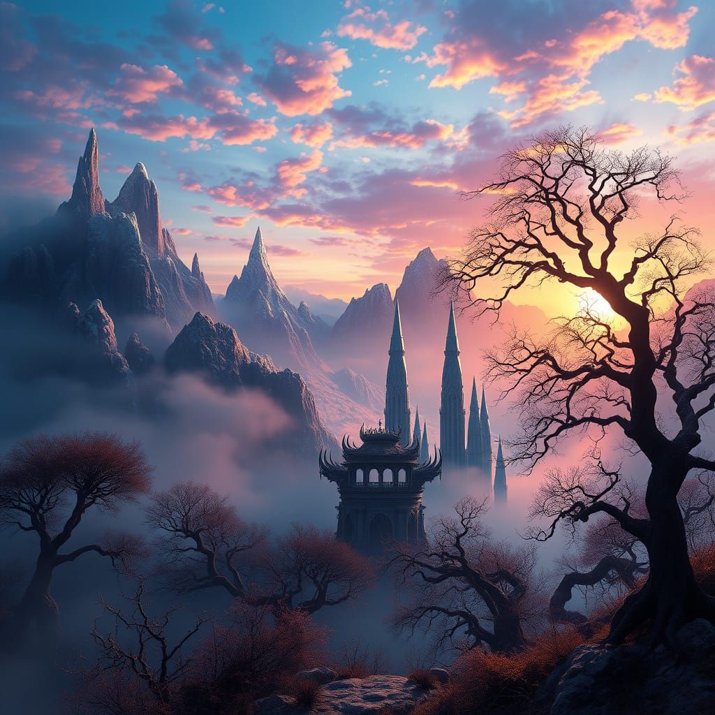 Surreal Mystic Realm with Iridescent Mountains and Ancient T...