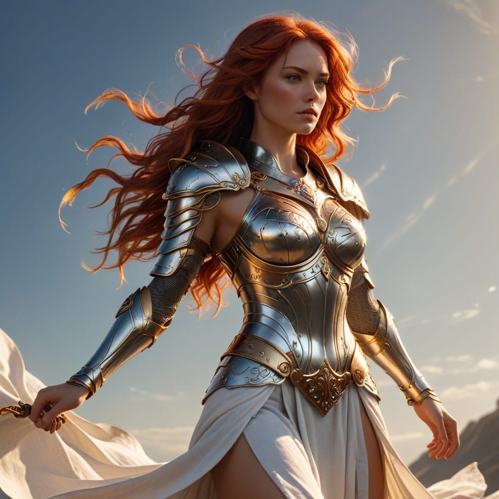 Elegant Warrior Maiden in Steel Bikini Armor, Art Nouveau In...