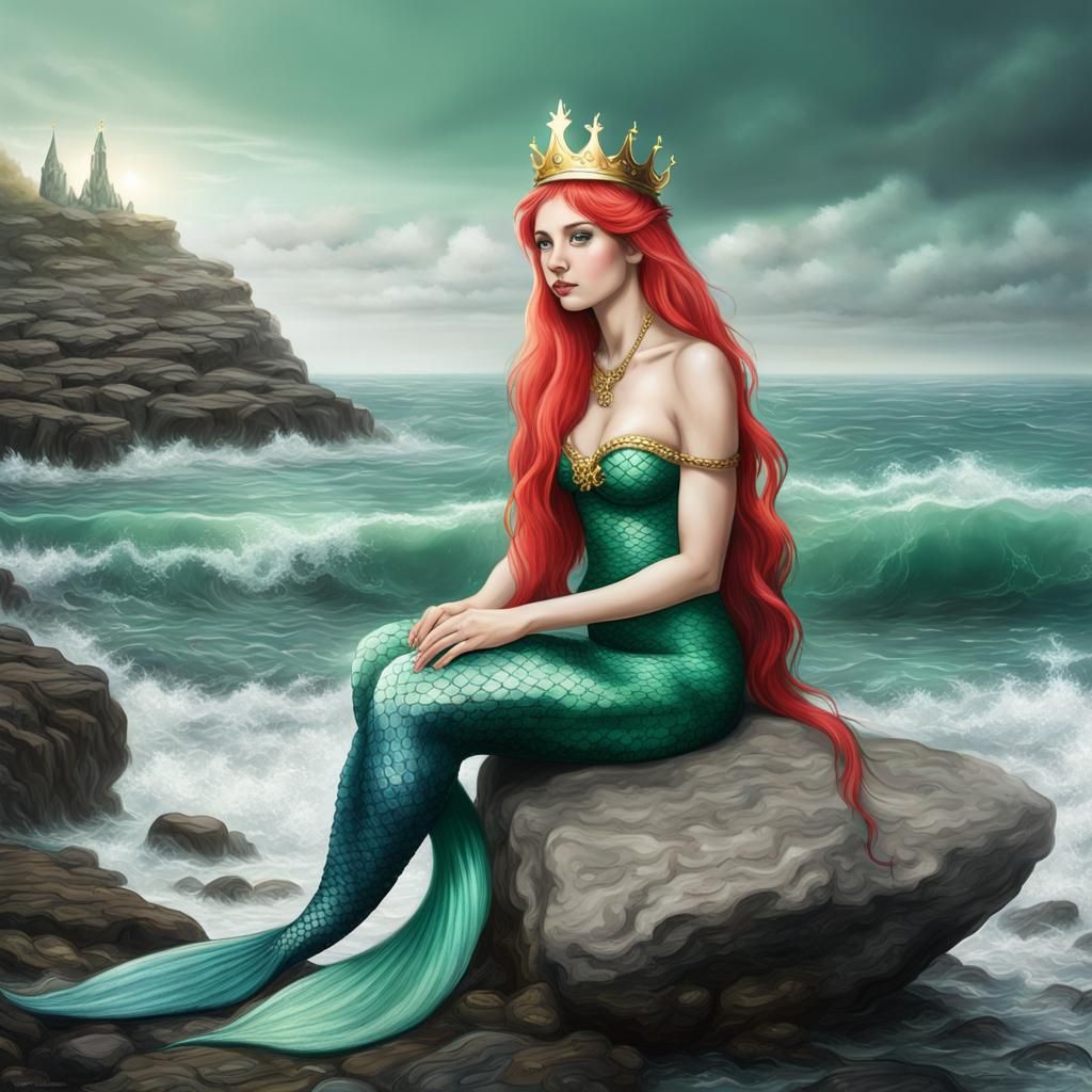 Realistic Mermaid with Green Hair on Ocean Rock