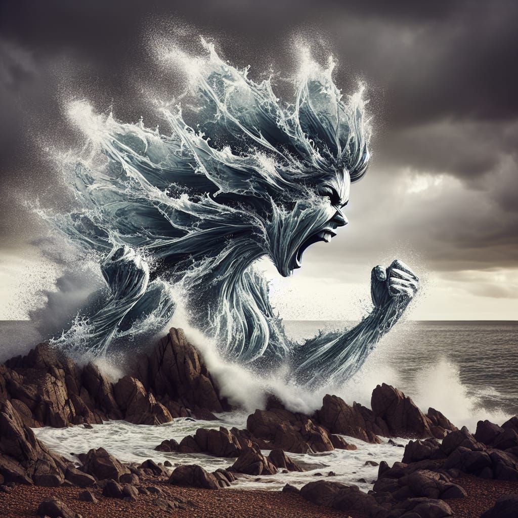 Wrathful Wave Woman Crashing on Rocky Shore