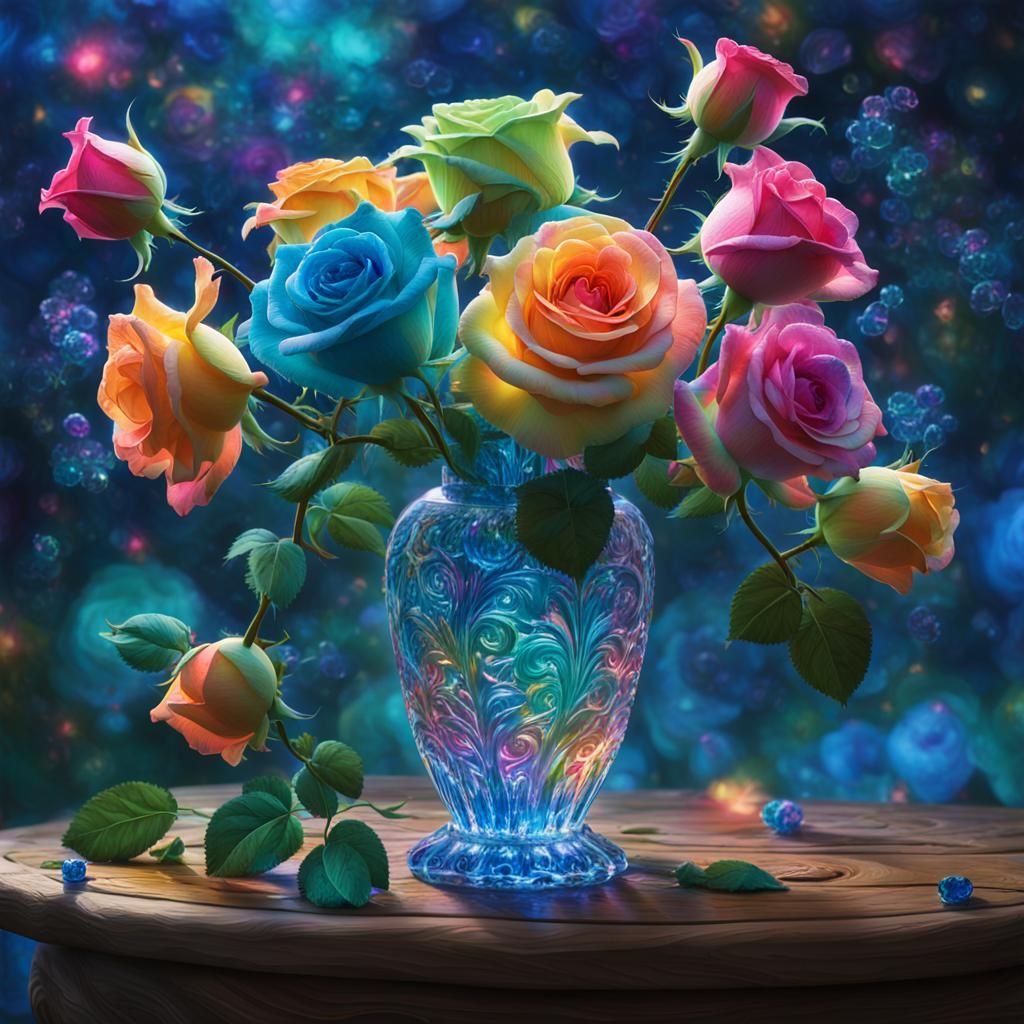 Cosmic Roses in Crystal Vase with Dutch Lighting