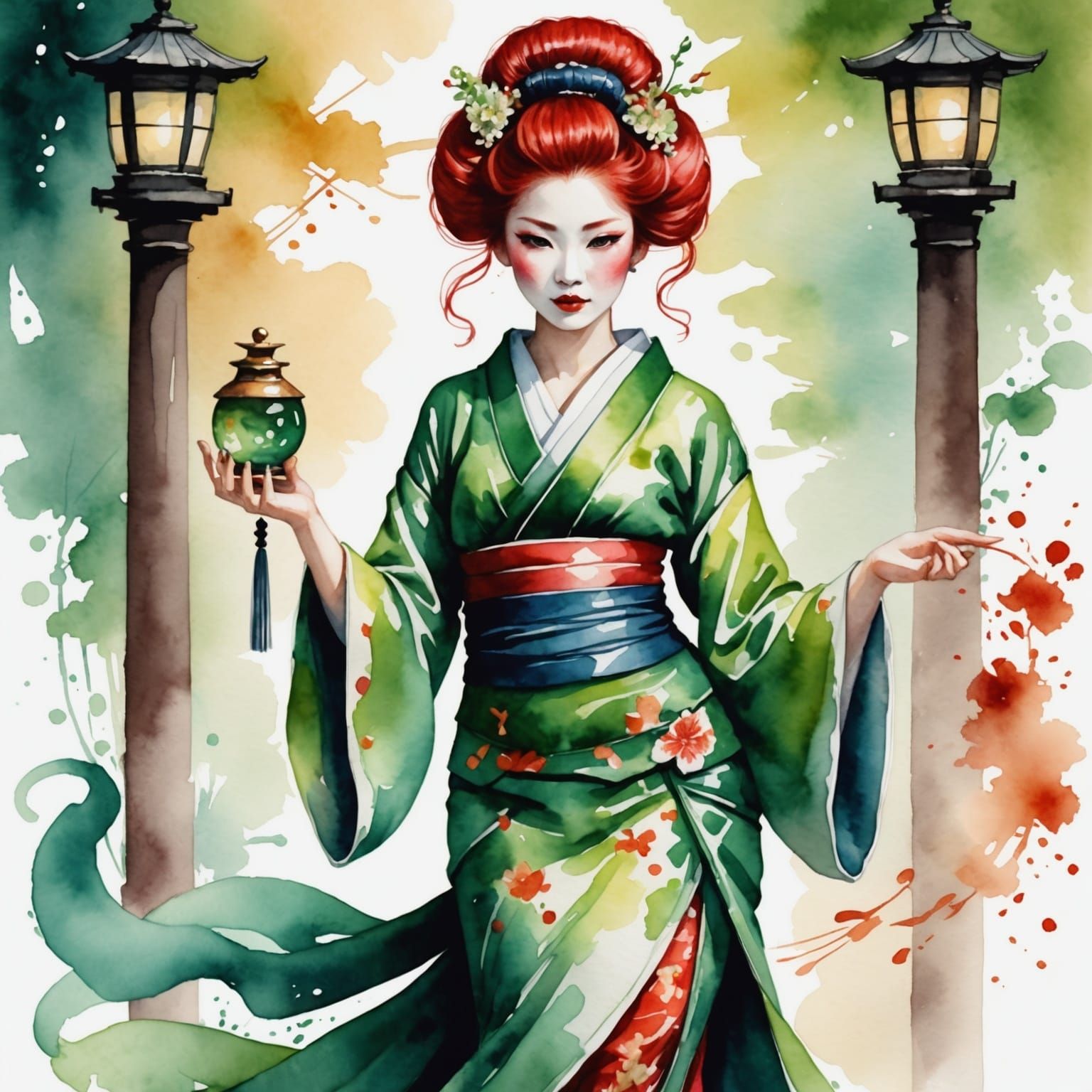 Geisha Dancing in Watercolor Style