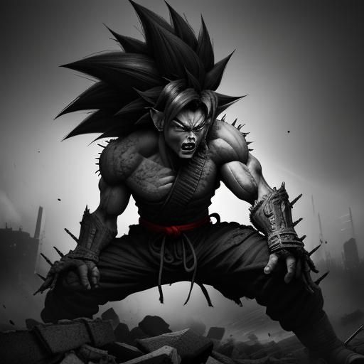 Intense Saiyan Warrior in Charcoal Drawing