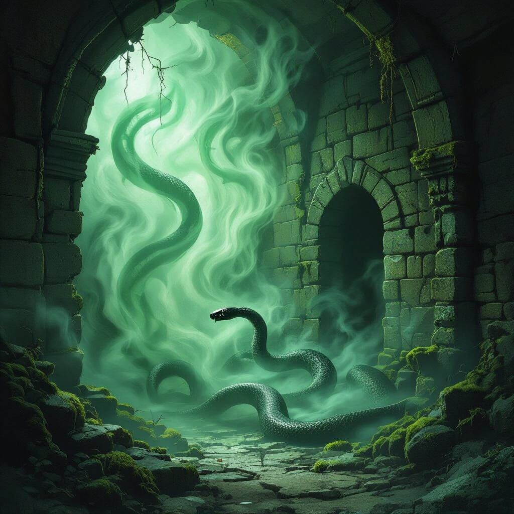 Ethereal Green Mist Reveals Snake Silhouette on Dungeon Wall