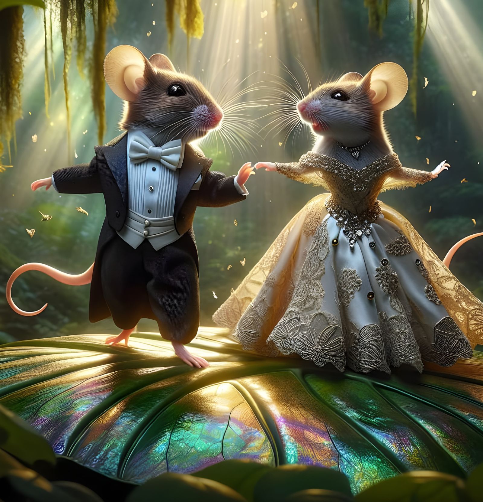 Elegant Mice Dancers on an Iridescent Leaf