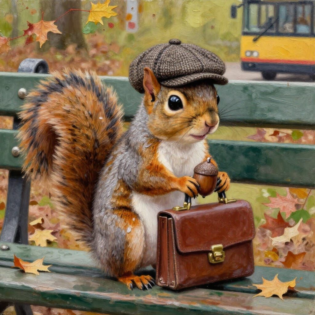 Dapper Squirrel in Tweed Hat with Acorn Briefcase