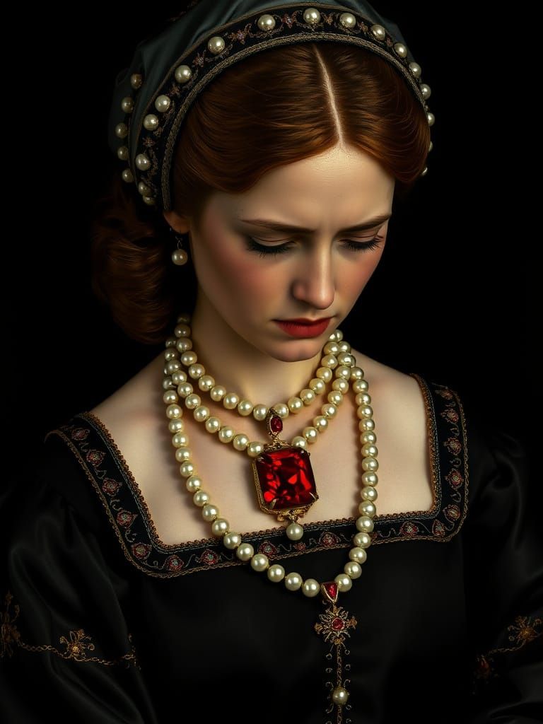 A Refined, Sorrowful Tudor Noblewoman in Rich Attire