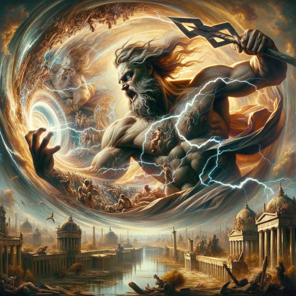 Zeus-like Figure with Lightning Bolt Reflecting Distressed V...