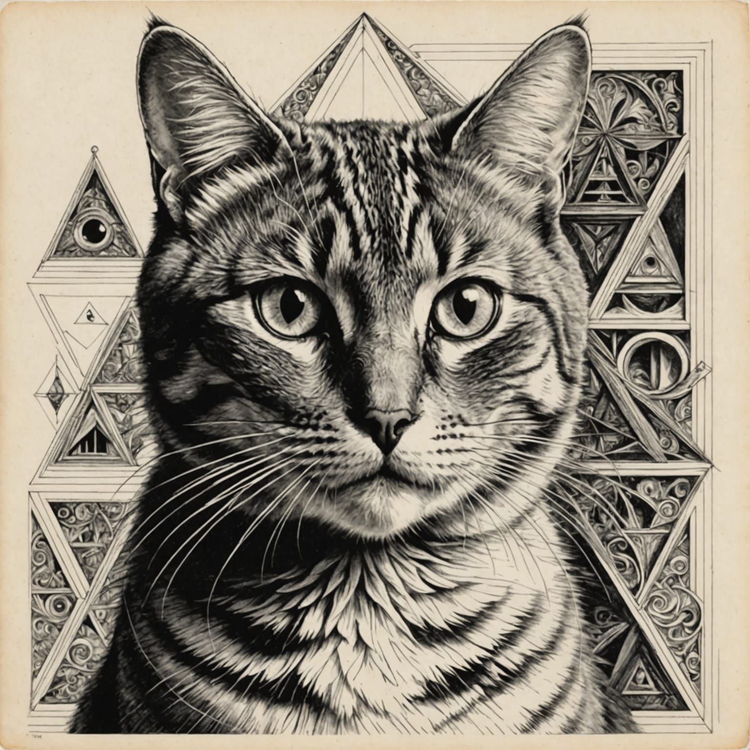 Surreal Pencil Drawing of Cat Interacting with Optical Illus...