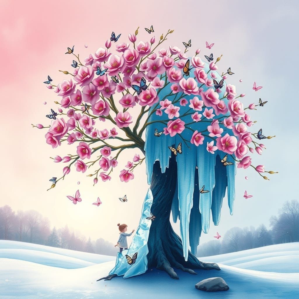 Surreal Watercolor Tree: Bloom and Ice in Dreamy Style