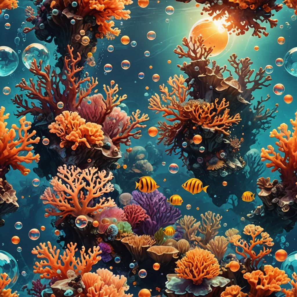 Ocean Coral Reef in Ink Painting Style