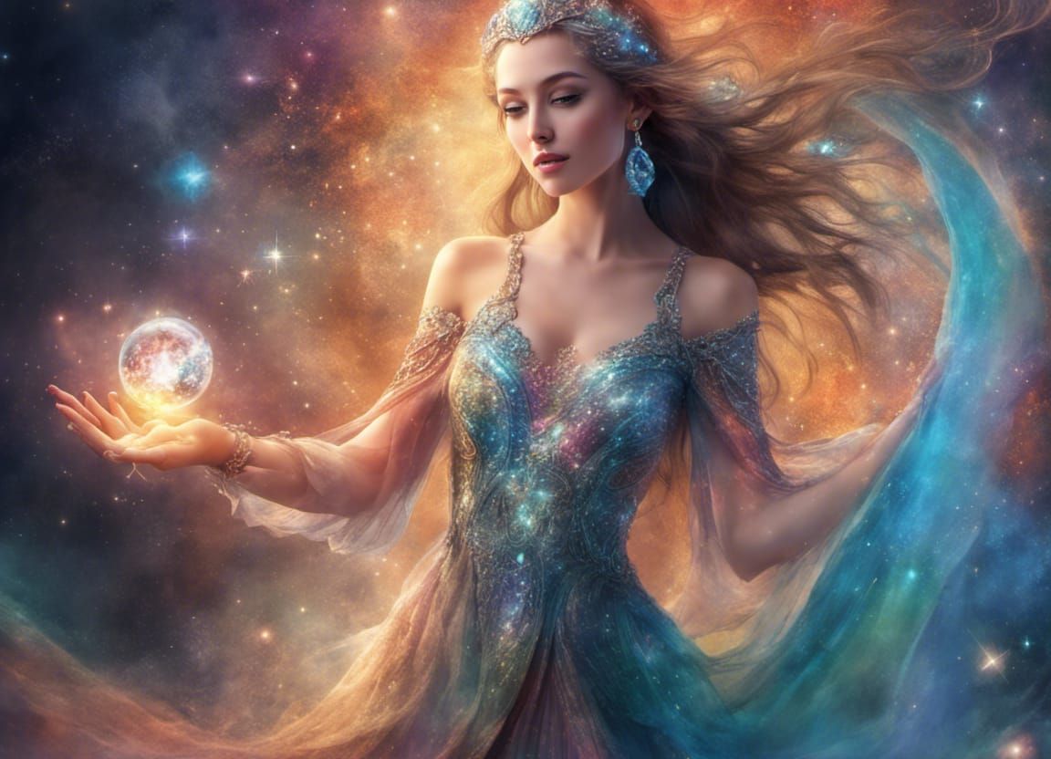 Elven Sorceress Casting a Spell of Galactic Beauty