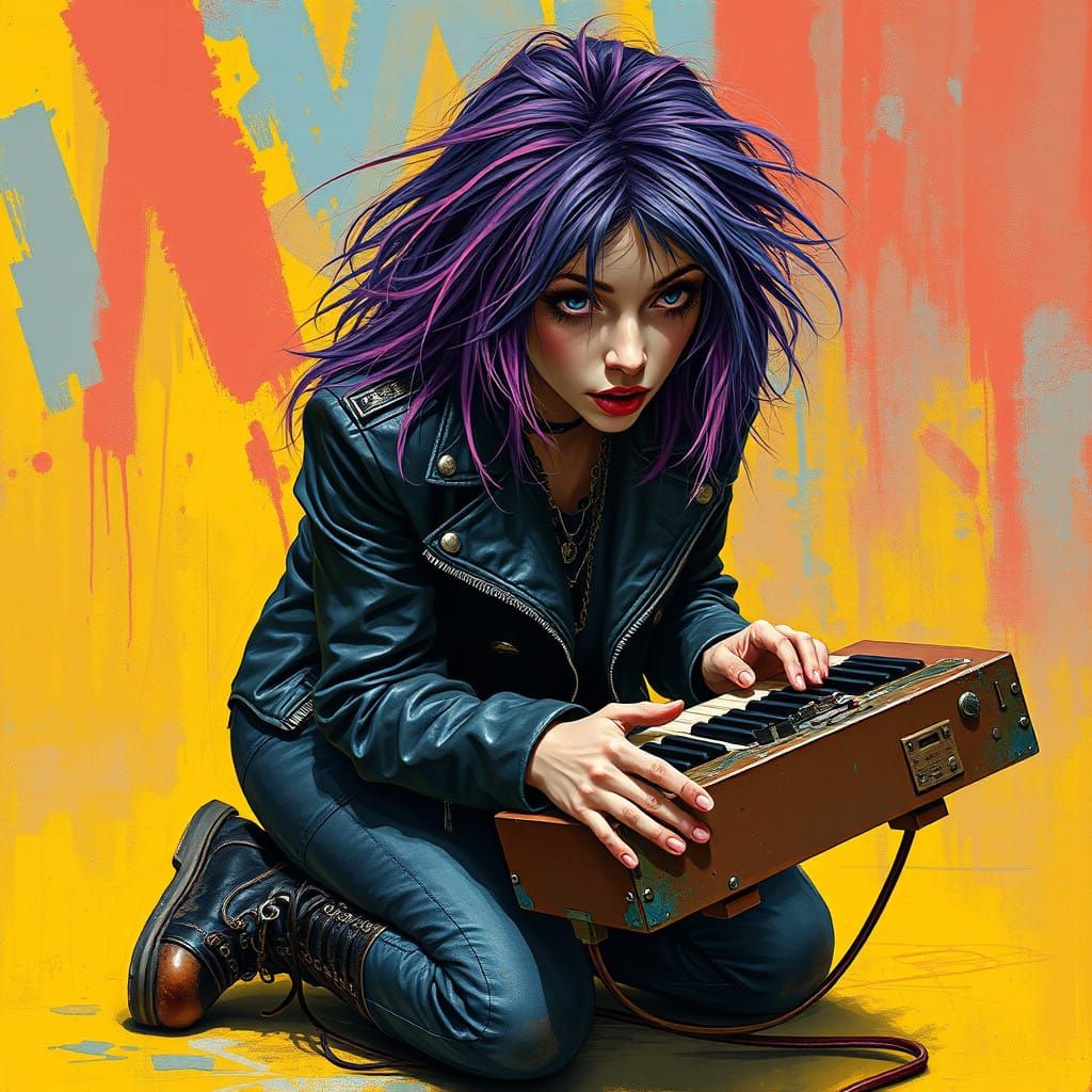 Sculptural Rock Musician in a Vibrant, Abstract World