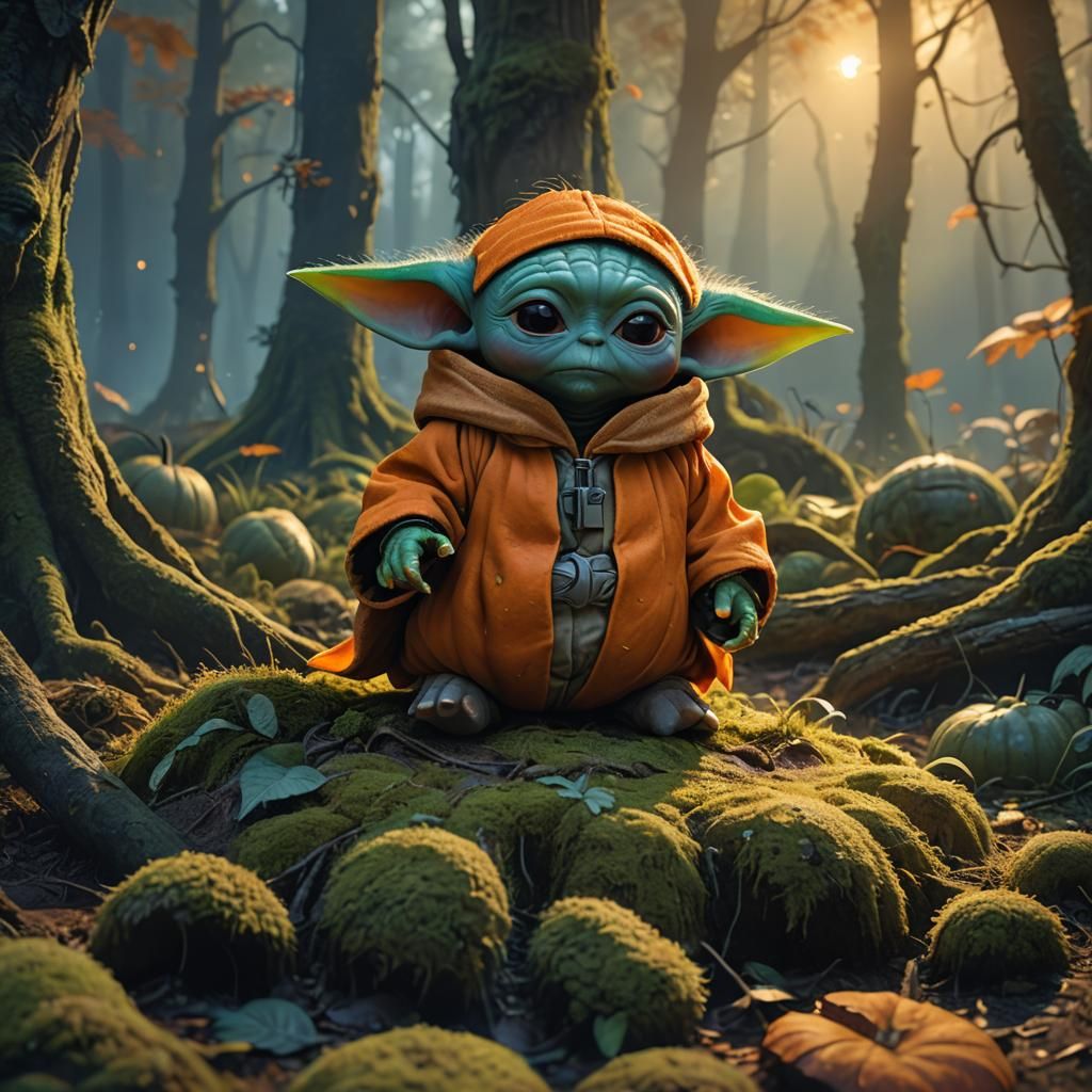 Baby Yoda in Pumpkin Costume, Fantasy Art