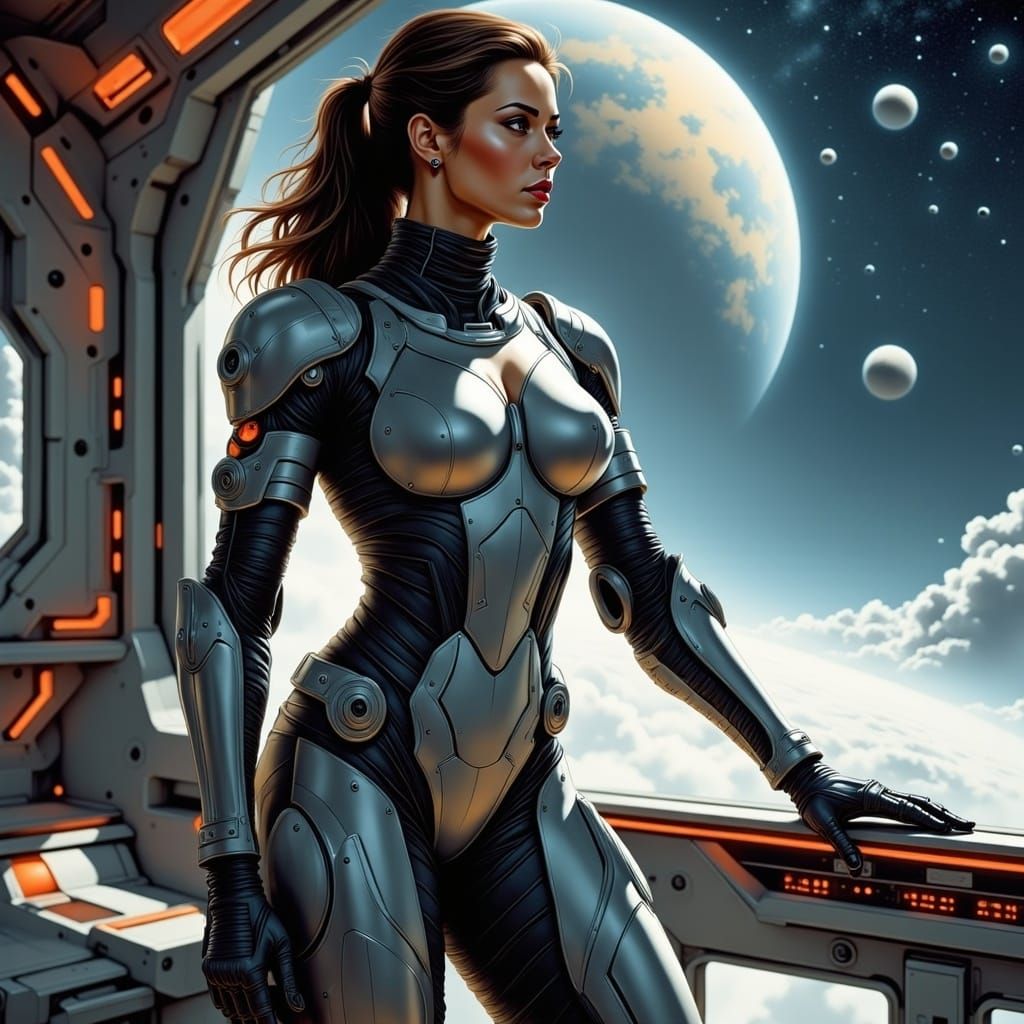 Futuristic Space Commander Surveys Distant Planets