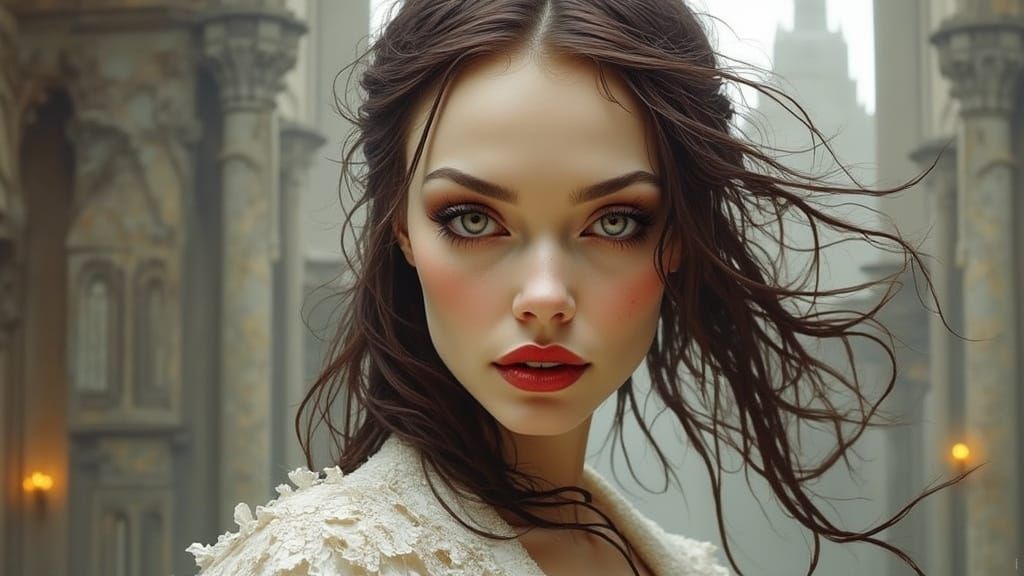 Exotic Woman with Obsidian Eyes in Baroque Brutalist Style