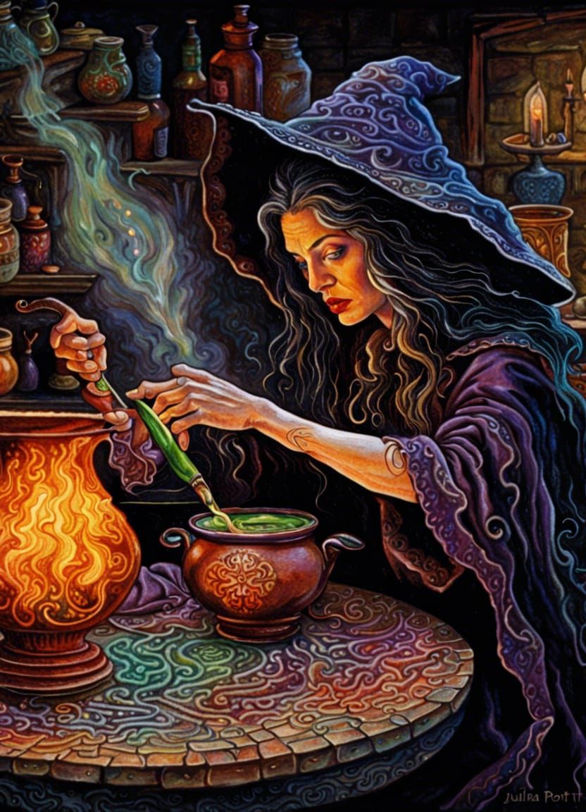 Evil Witch Brewing Potion in Hyperrealistic Style