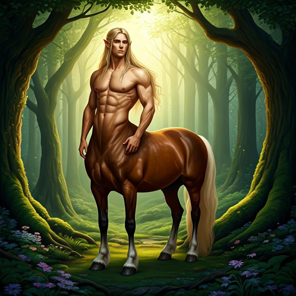 A majestic centaur standing in a serene, mystical forest...