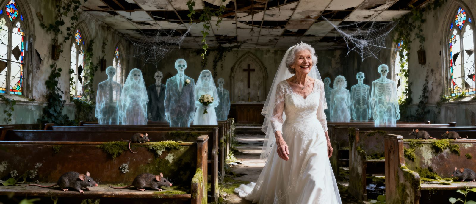 Ghostly Wedding Party in Decaying Church
