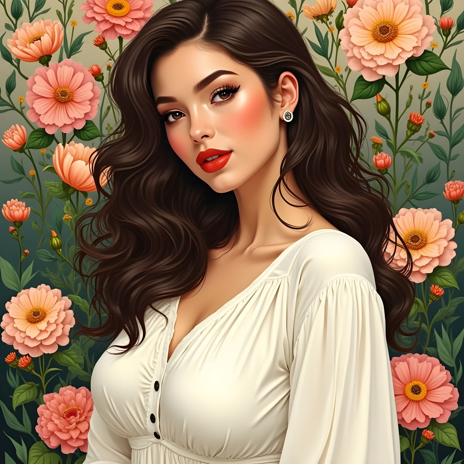 Elegant Woman in Lush Floral Art Nouveau Garden