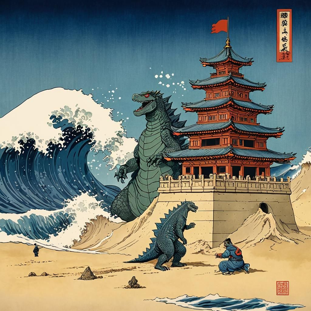 Godzilla's Ukiyo-e Sandcastle Meets the Great Wave
