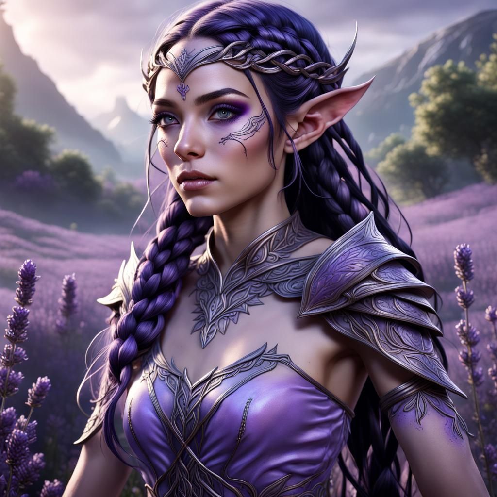 Lavender Elf with Braided Hair: Detailed Fantasy Art