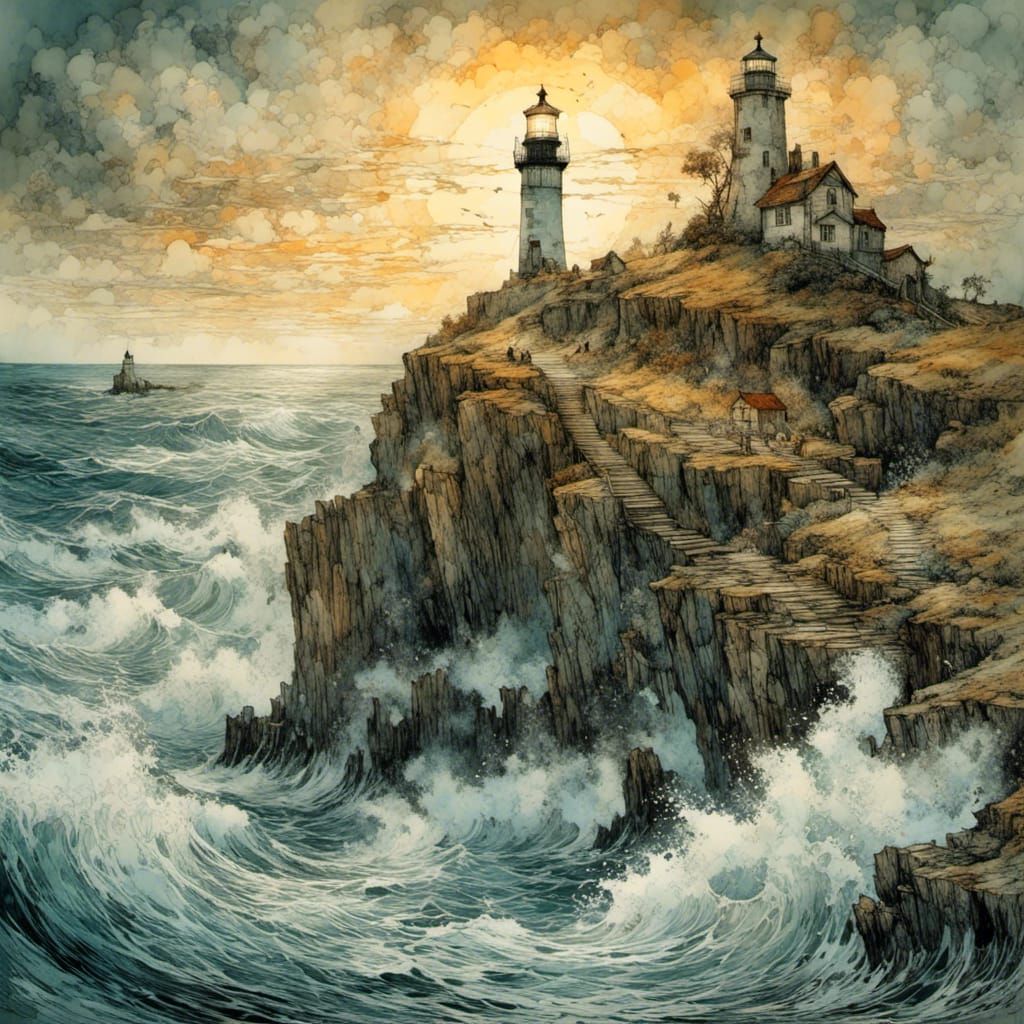 Coastal Lighthouse Sunset in Detailed Storybook Style