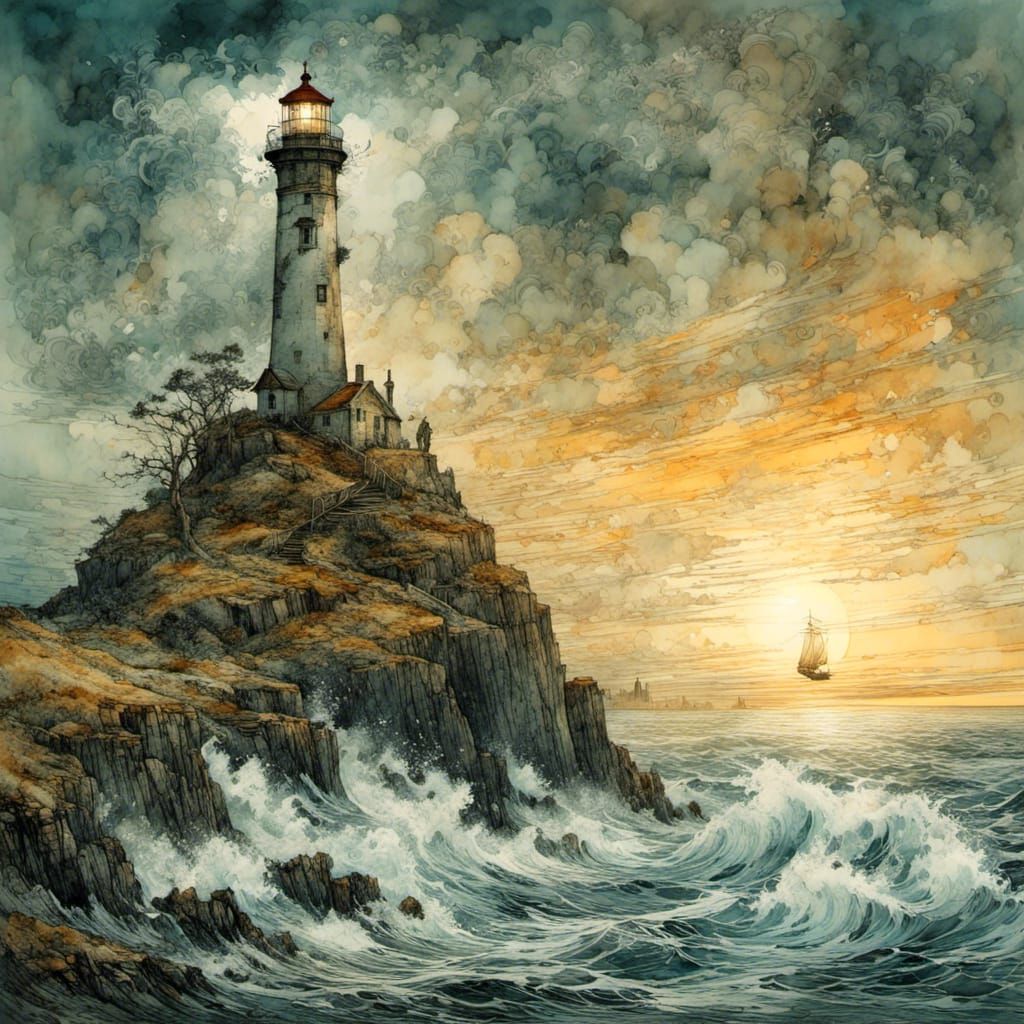 Surreal Lighthouse Scene on a Blooming Cliff, Ocean Waves Cr...