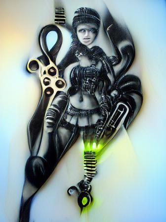 Steampunk Girl with Scissors in H.R. Giger Style
