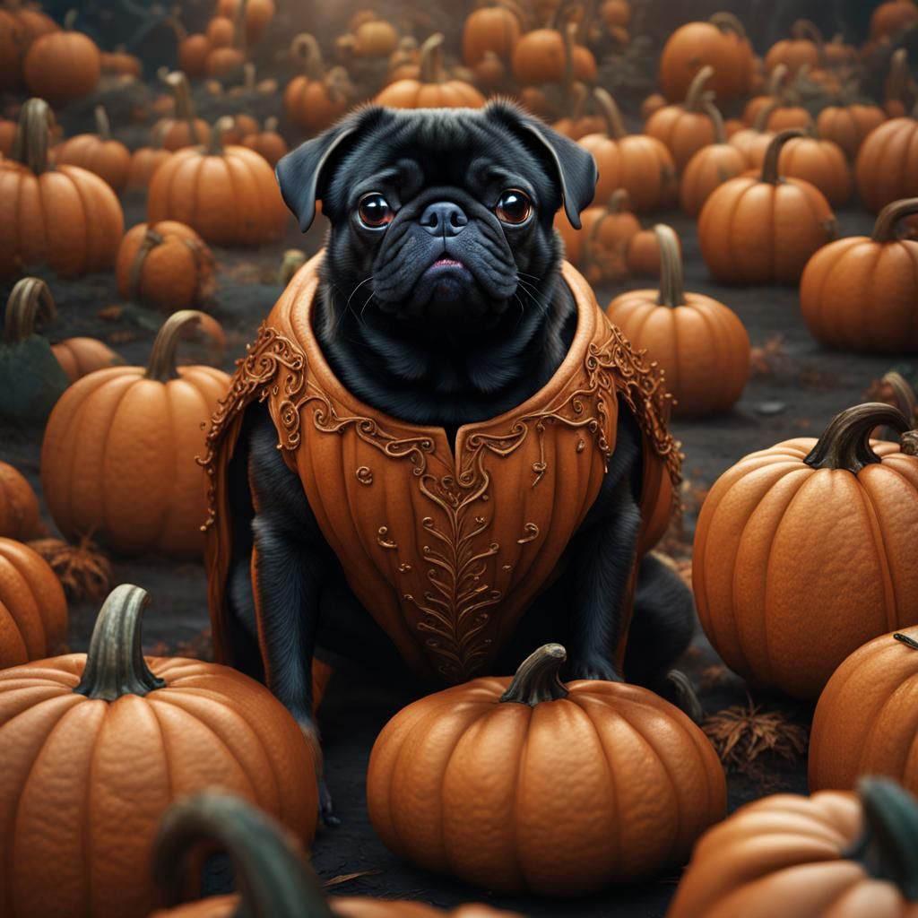 Black Pug in Pumpkin Suit: Fantasy Concept Art