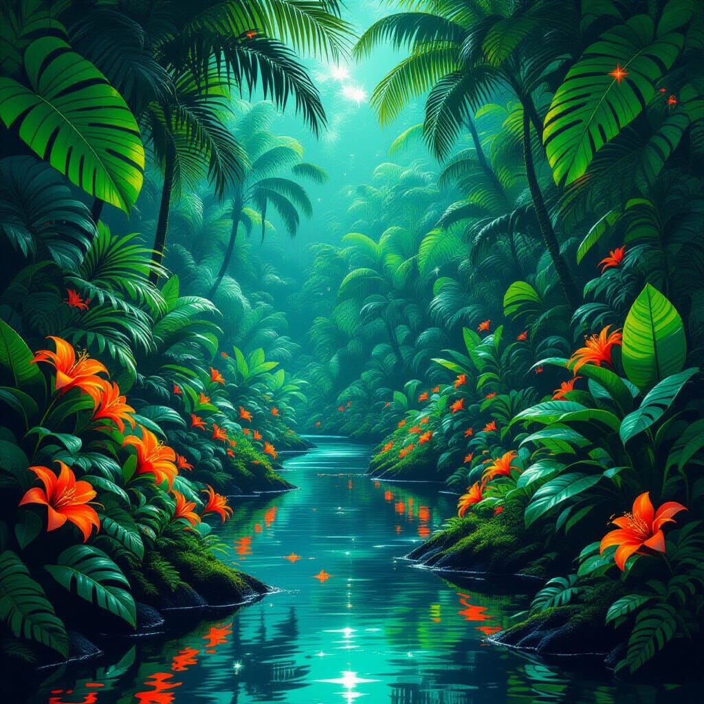 Neon Jungle with Psychedelic Flora and Starlight