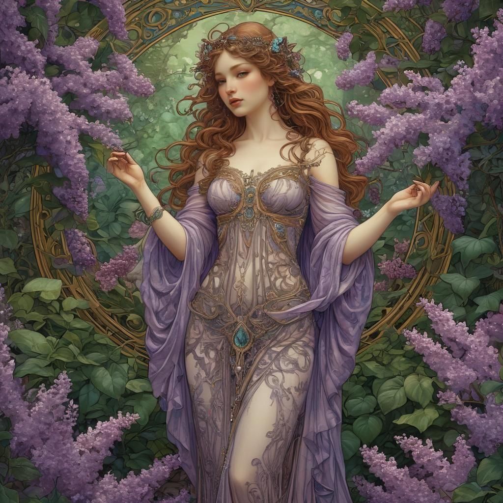 Goddess of Lilacs illustration, scene, beautiful scenery, co...