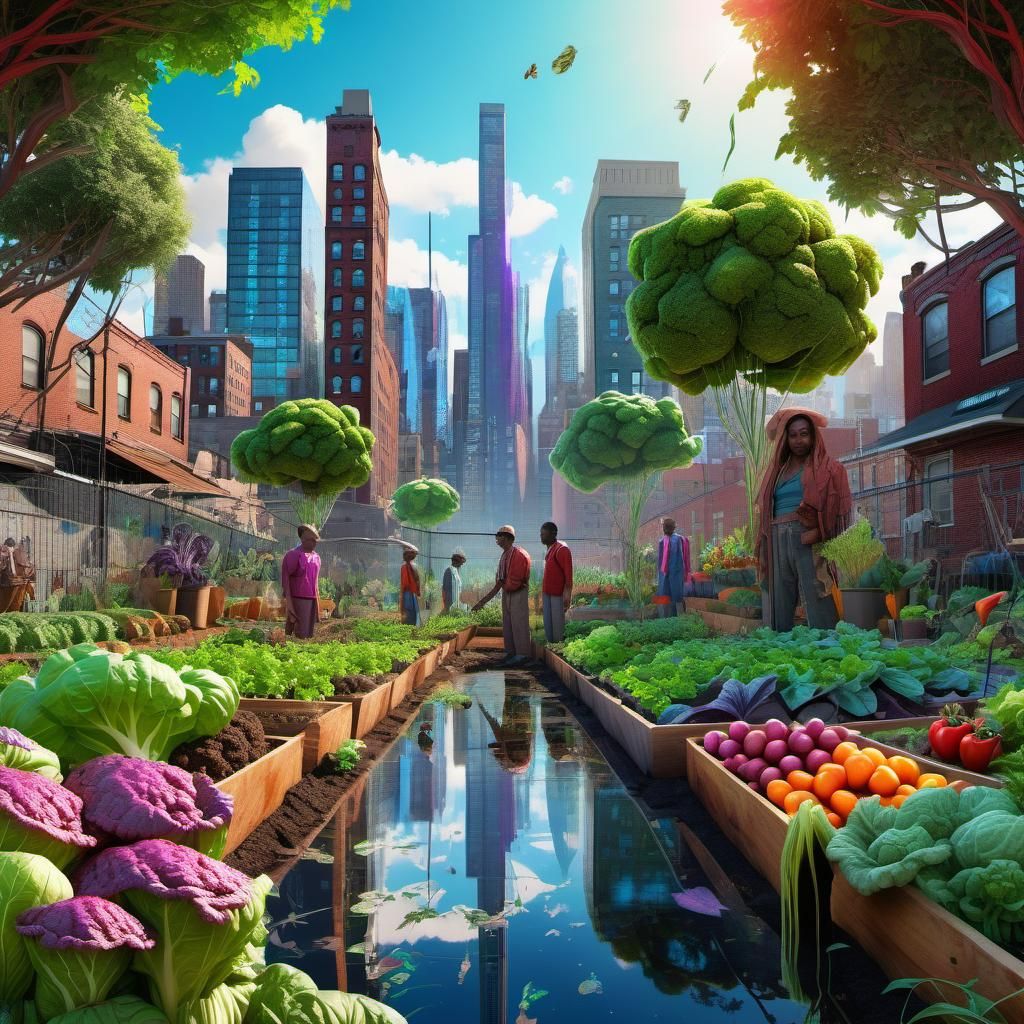 Vibrant Urban Vegetable Garden in Psychedelic Holographic St...