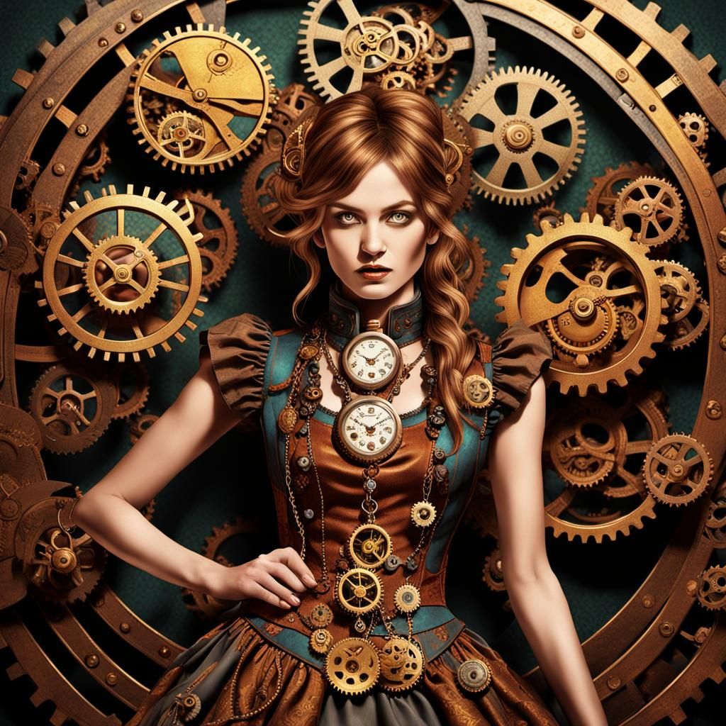 Steampunk Woman in Gear Dress: Anime Illustration
