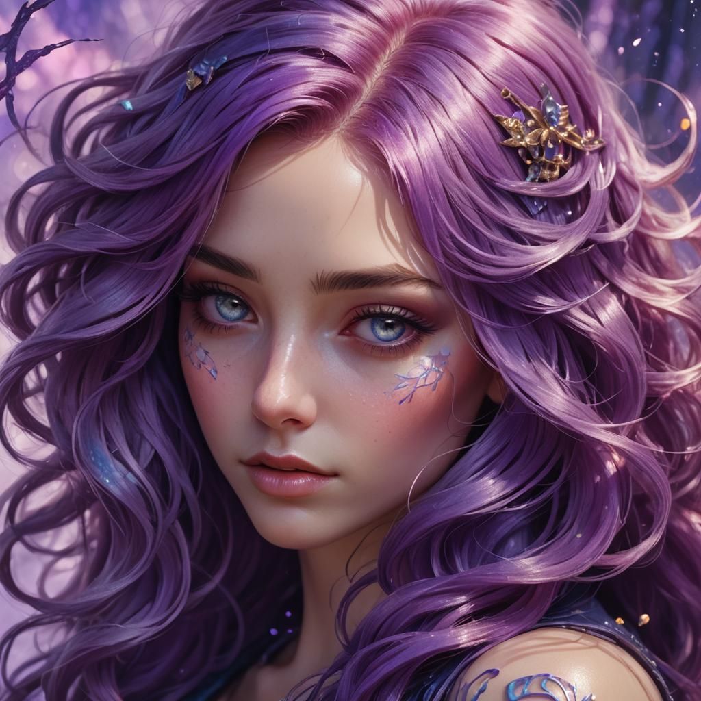 Ethereal Violet-Haired Girl: Art Nouveau Digital Portrait