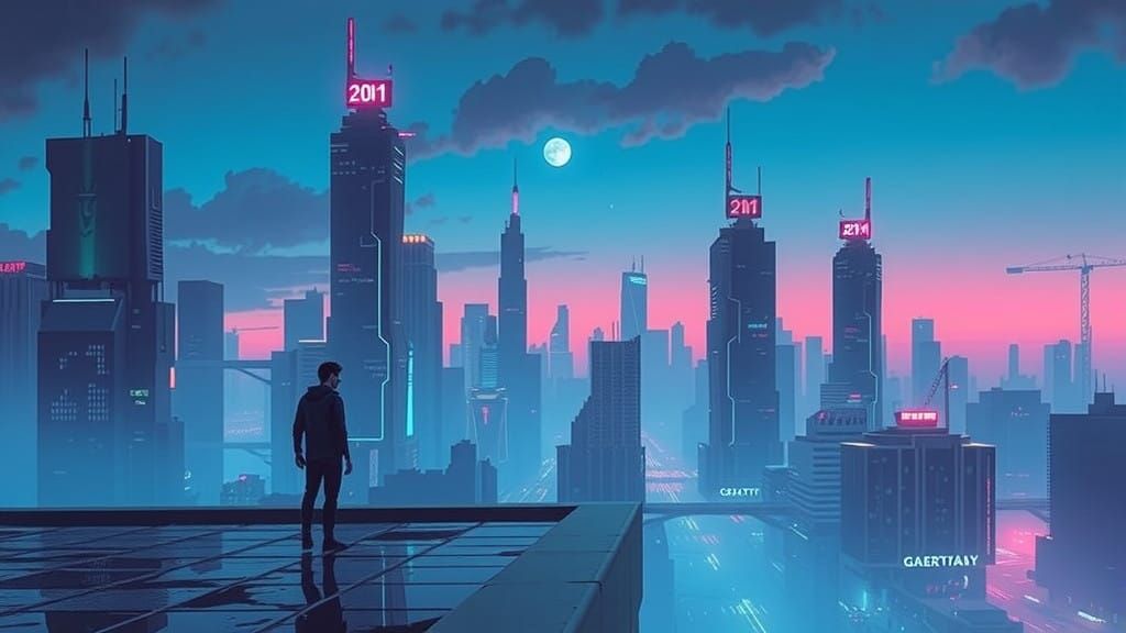 Surreal Futuristic Cityscape at Twilight with Blue Halo