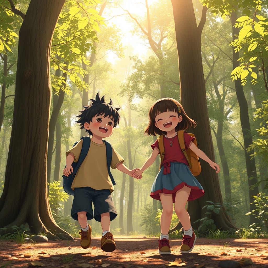 Children's Serene Forest Adventure in Vibrant Anime Style