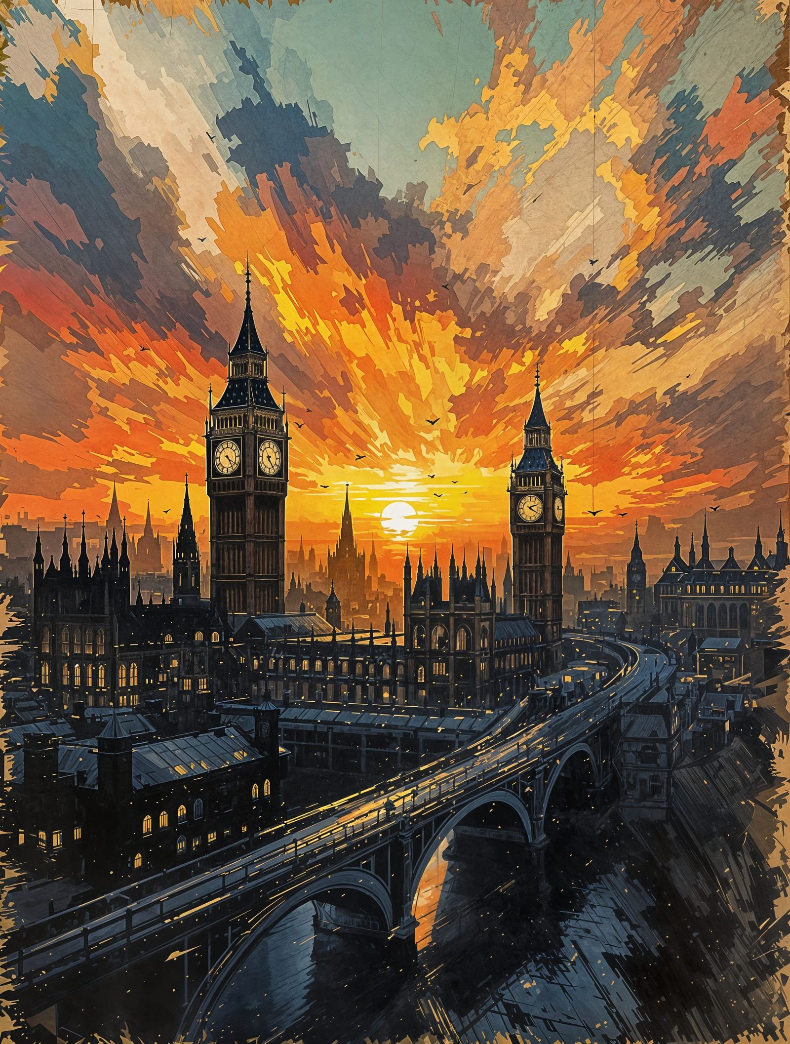 Vibrant London Sunset Digital Artwork